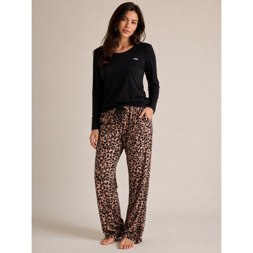 DKNY Women Leopard Print Fleece Pajama Pants Tan Black XL Relaxed Lounge Pockets